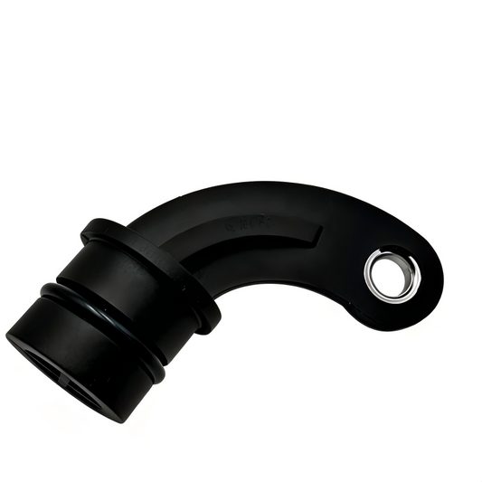 Black engine block plug with circular metal insert and ribbed side joint