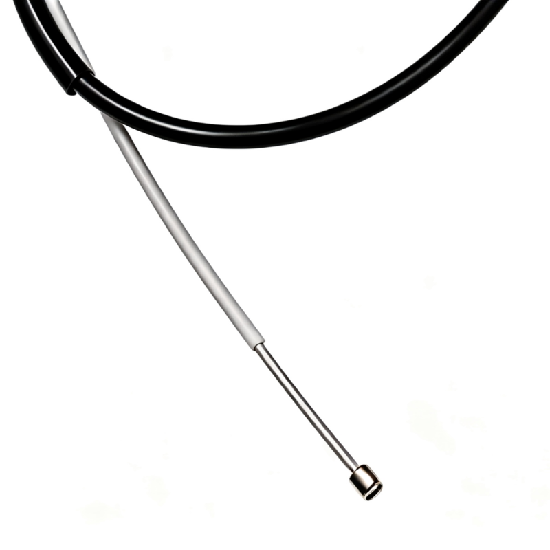 Hood release cable with long silver metal rod and black rubber housing