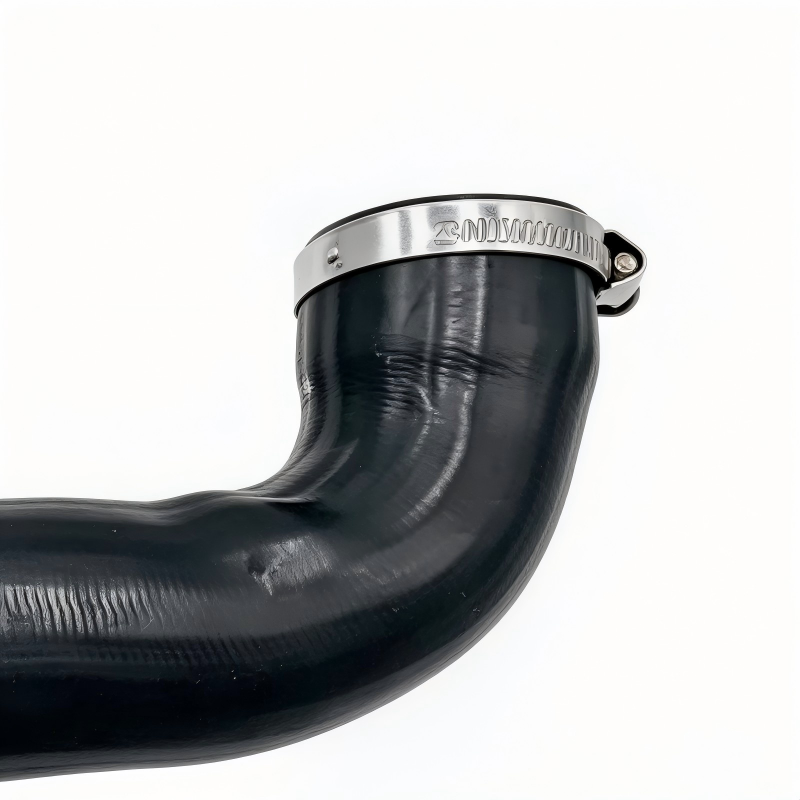 Black turbo boost pipe elbow with metal clamp band and rubber hose
