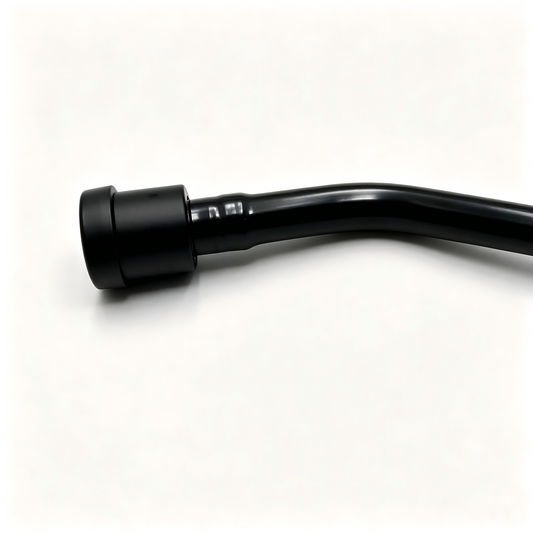 Black coolant pipe hose with large mounting connector, side view