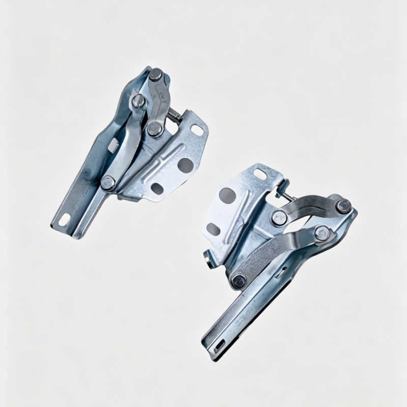 Pair of metal hood hinge brackets with mounting holes and pivot bolts, silver-gray