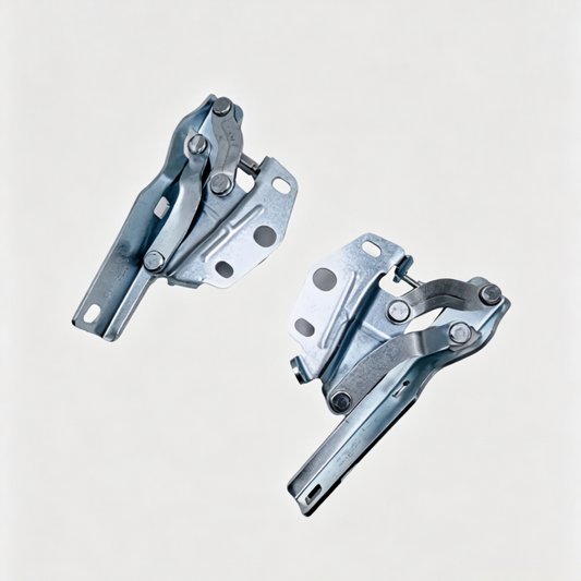 Pair of metal hood hinge brackets with mounting holes and pivot bolts, silver-gray