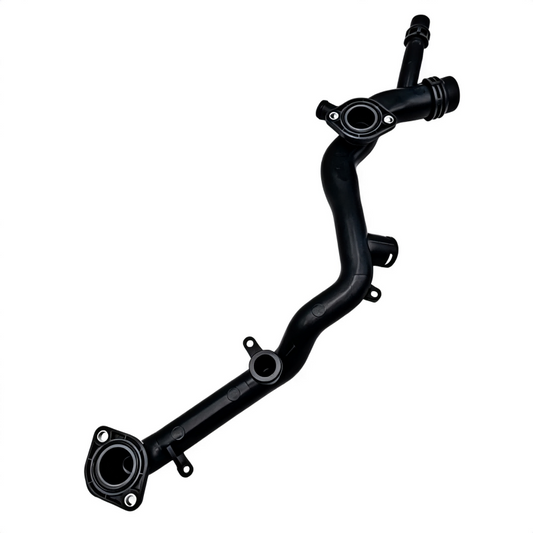 Black coolant hose assembly with multiple flanges and curved tubing fittings