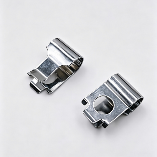 Pair of silver metal turbo wastegate actuator clips with circular hole and tabs