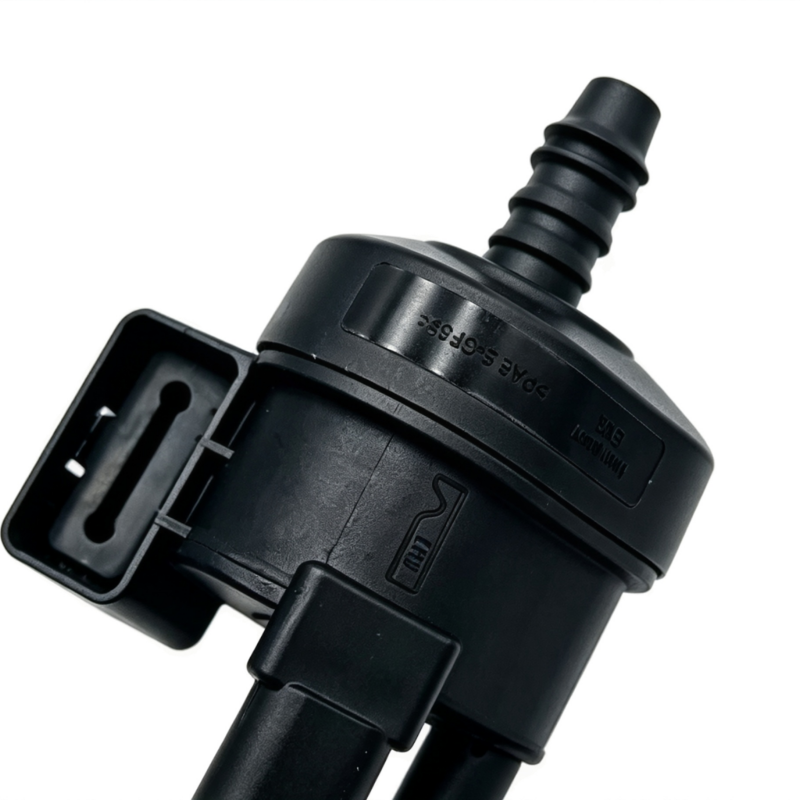 Black EVAP purge valve, front connector tab and embossed markings