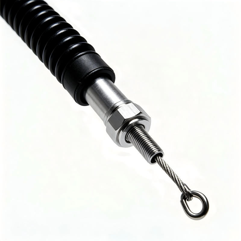 Door lock cable with black spring coil, metal tip, and braided end loop