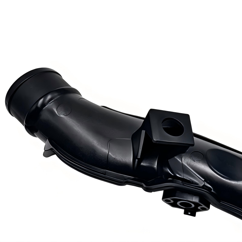 Black molded air intake hose with side bracket and oval inlet
