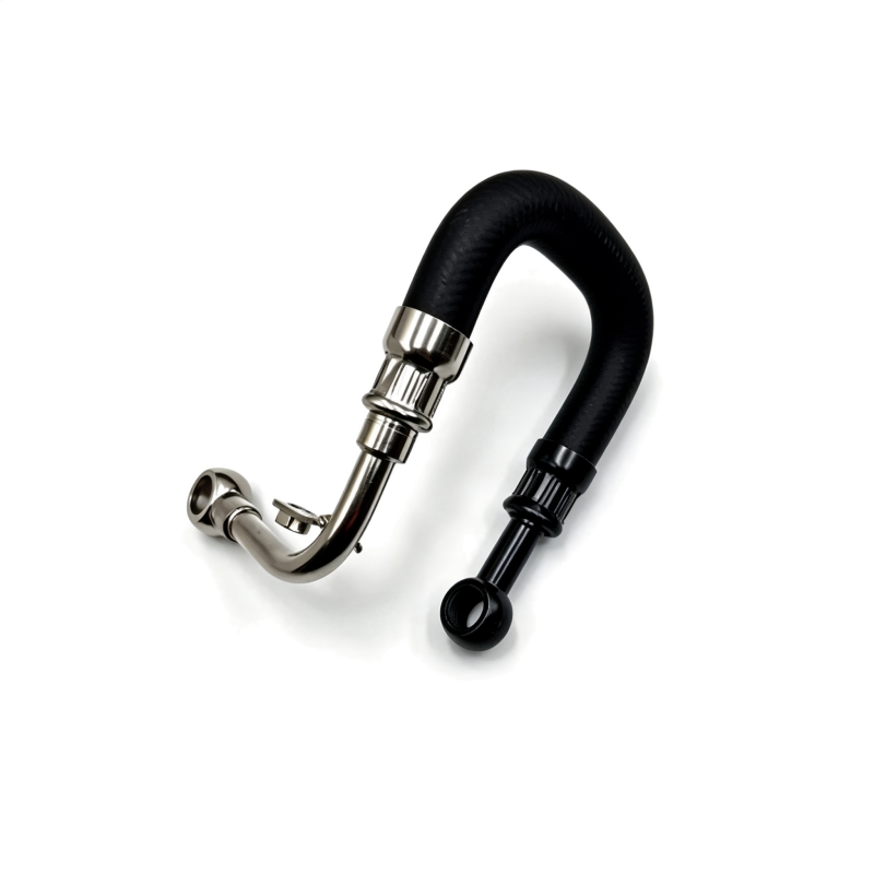 Black turbo boost hose with curved metal connector and rubber seals