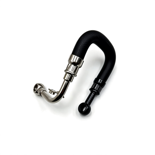 Black turbo boost hose with curved metal connector and rubber seals