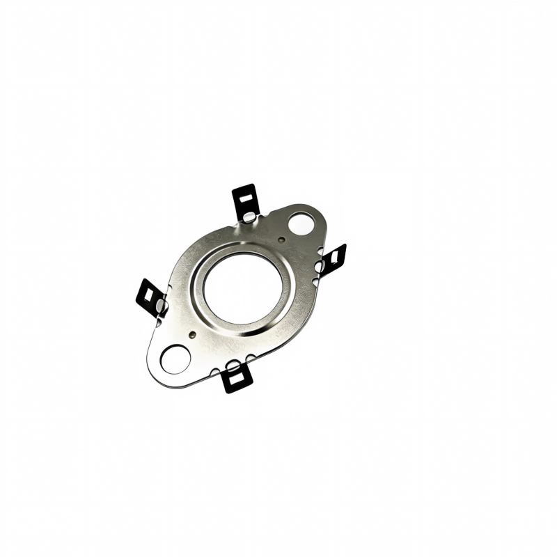 Oil line seal support plate with circular hole, black clips, and mounting brackets