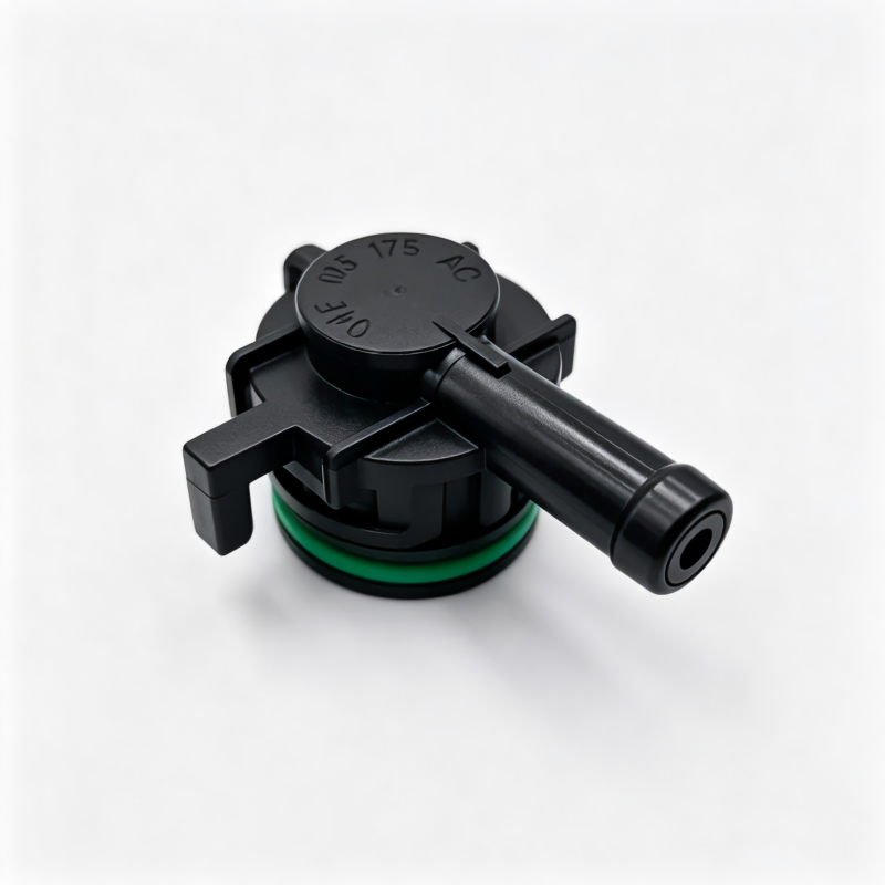 Crankcase ventilation valve, black and green gasket ring with angled hose outlet