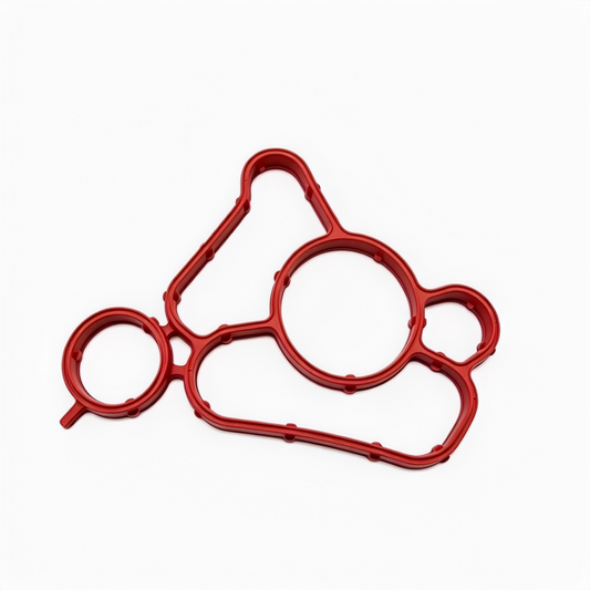 Oil filter housing gasket, red gasket shape with multiple ring openings and long sealing channel