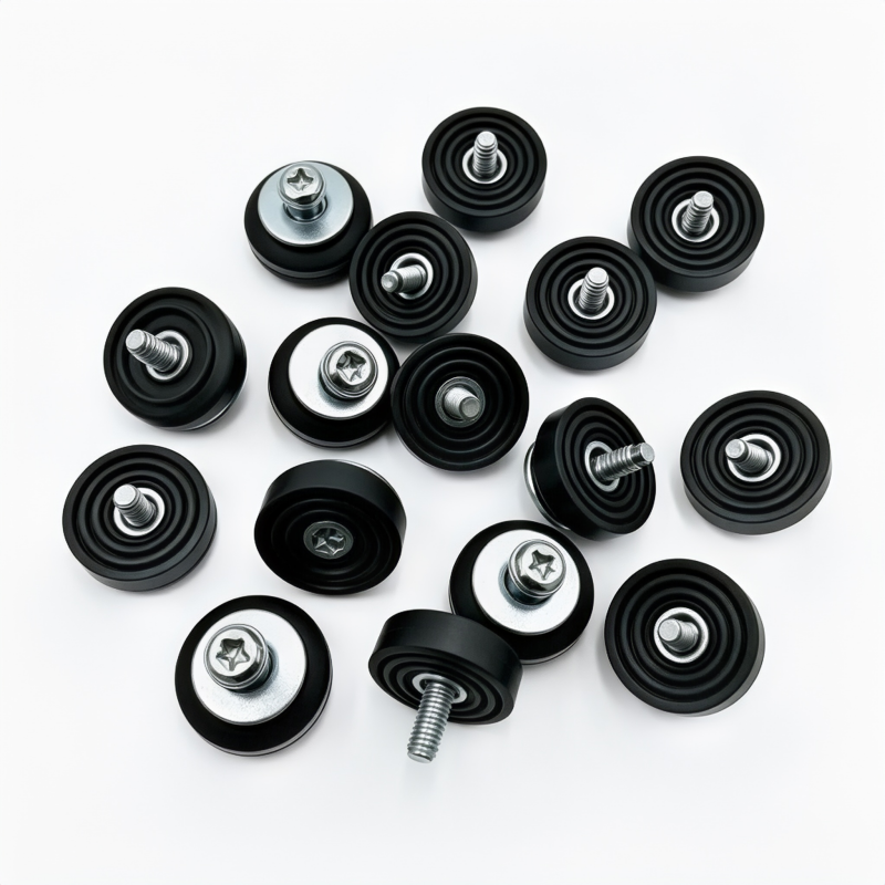 Set of black rubber pulleys with metal bolts, assorted views