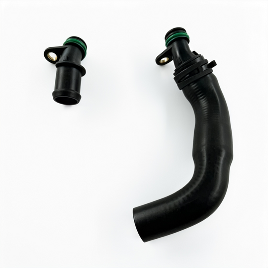 Curved black coolant hose with green O-ring connector ends and mounting eyelets
