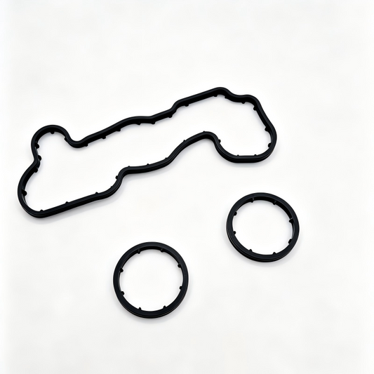 Oil cooler seal set with one long gasket and three circular seals, black rubber