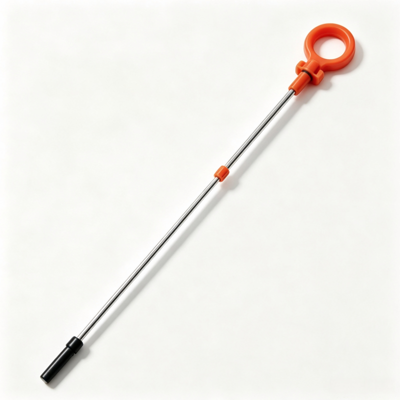 Engine oil dipstick with orange loop handle, silver rod, black end
