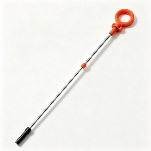 Engine oil dipstick with orange loop handle, silver rod, black end
