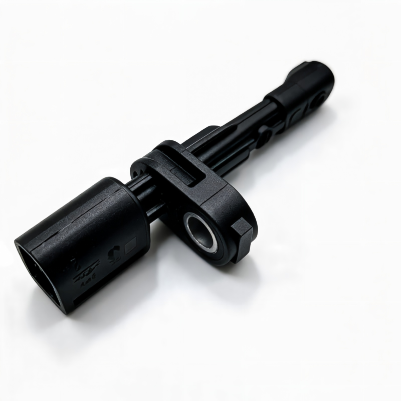 Rear ABS wheel speed sensor, black cylindrical connector and bracket, close angle