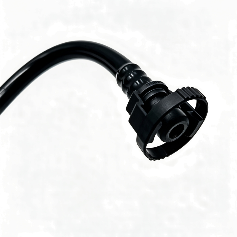 Black crankcase vent hose with angled molded connector and circular opening