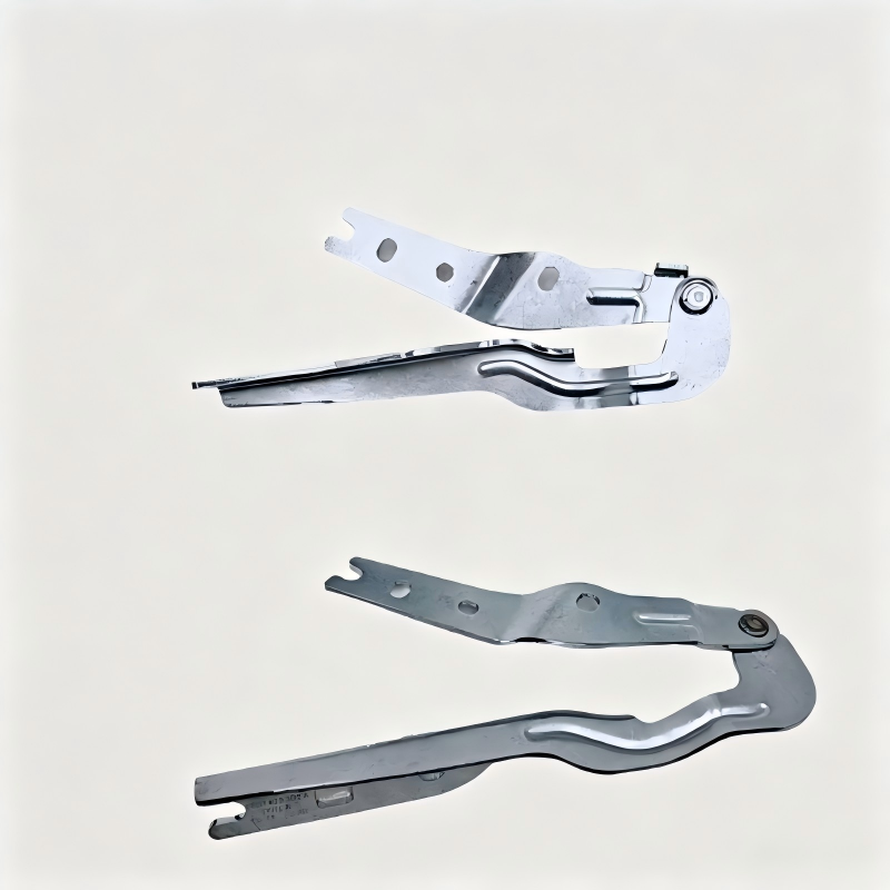 Two silver hood hinge brackets (pair), each with pivot bolt and long linkage arm