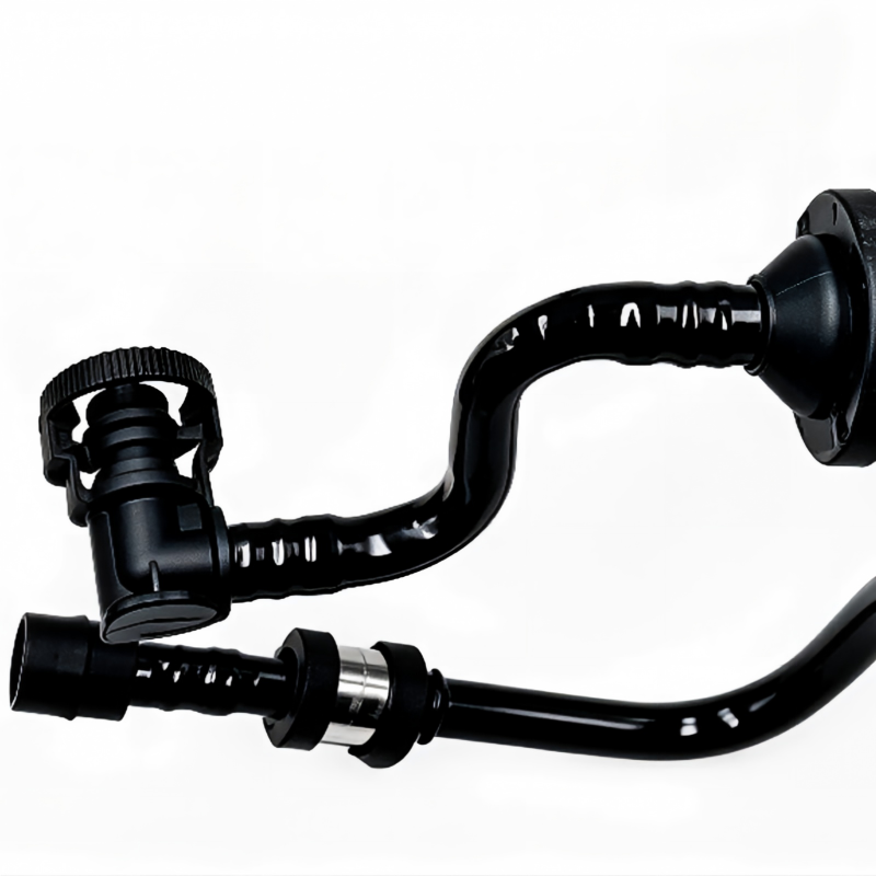 EVAP purge valve assembly with attached hoses and vacuum fitting, side view