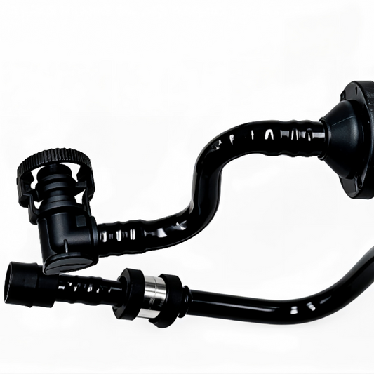 EVAP purge valve assembly with attached hoses and vacuum fitting, side view