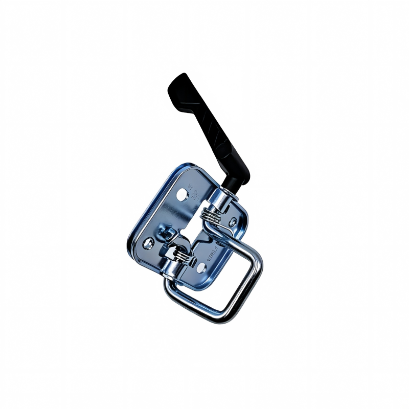 Hood latch with black release lever, chrome hardware, and rectangular base plate