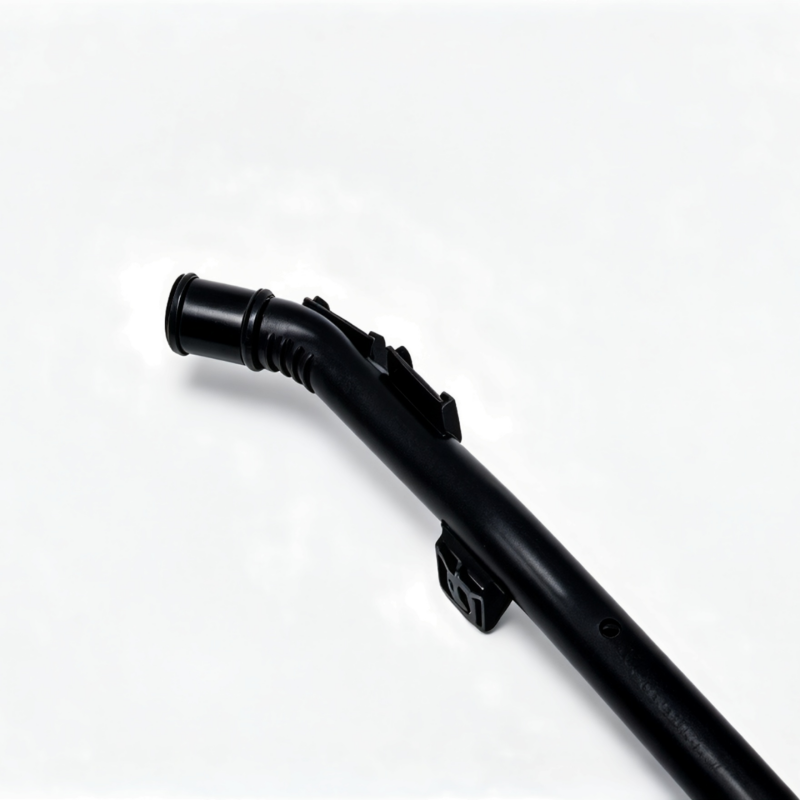 Black coolant hose end with ribbed connector and side outlet
