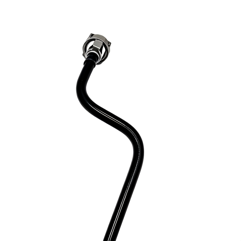 Coolant reservoir hose with metal clamp, black curved tube and connector