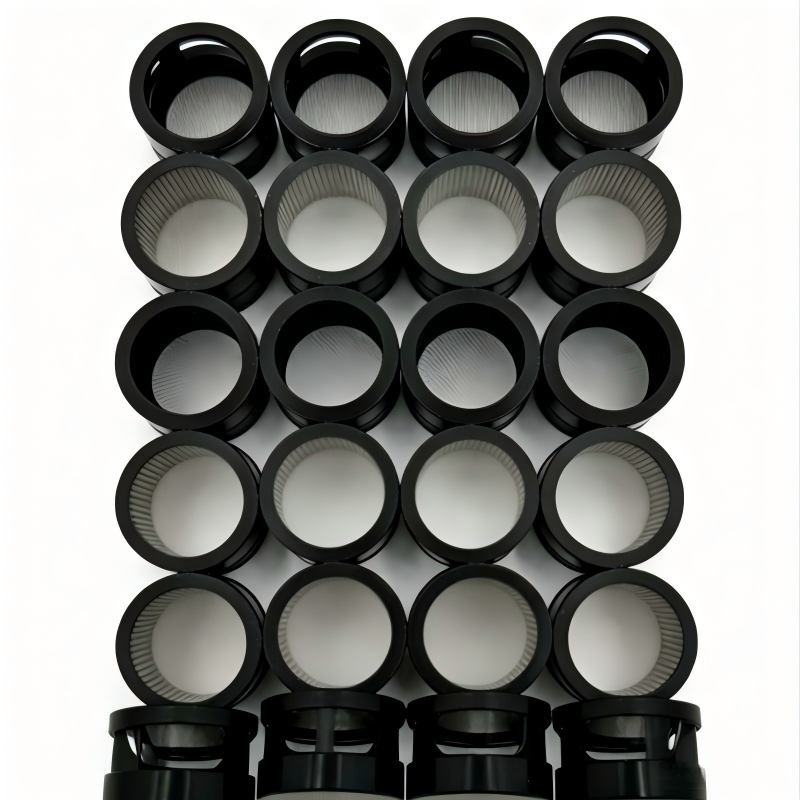 Balance shaft oil screens, multiple black cylindrical mesh filters in a grid