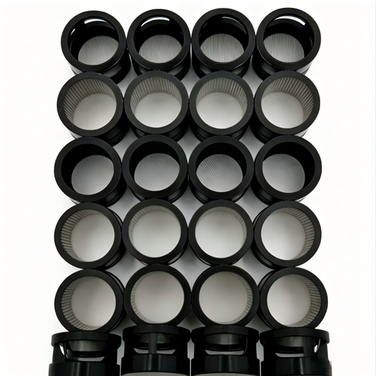 Balance shaft oil screens, multiple black cylindrical mesh filters in a grid