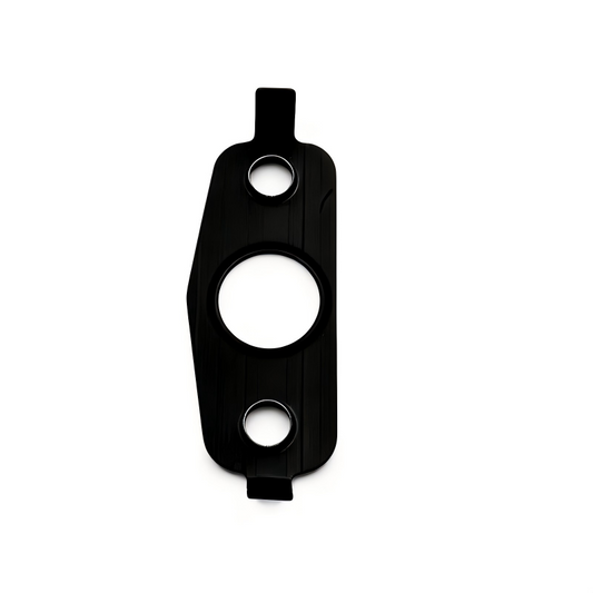 Black oil line seal bracket with one large hole and two smaller holes