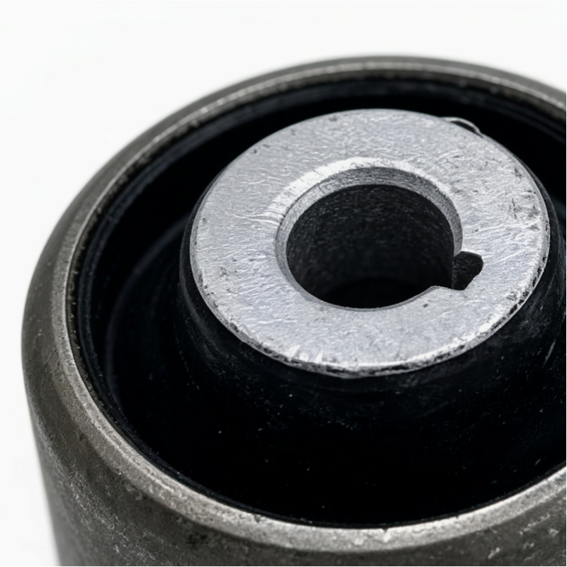 Rubber bushing close-up with steel inner sleeve and central bolt hole