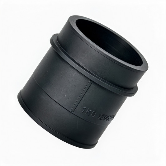 Dark plastic air intake hose section with open ends and molded part marking