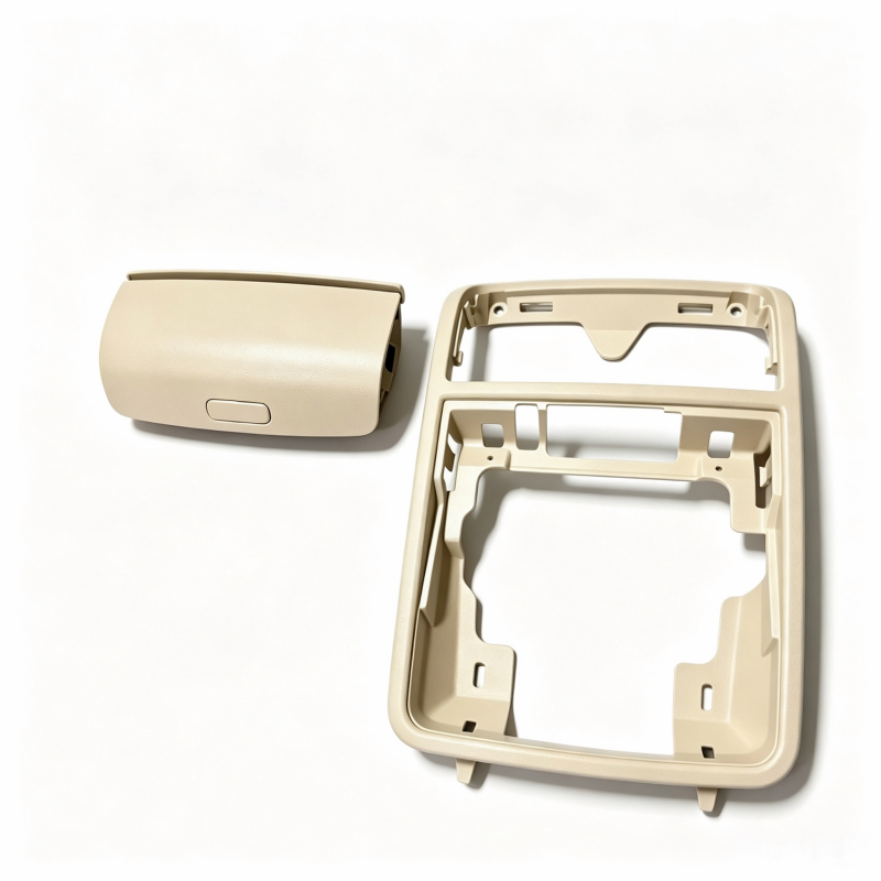 Overhead sunglasses holder assembly, beige cover with mounting frame and inner bracket
