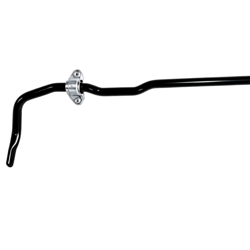 Front stabilizer bar with black steel tube and silver mounting bracket, left end