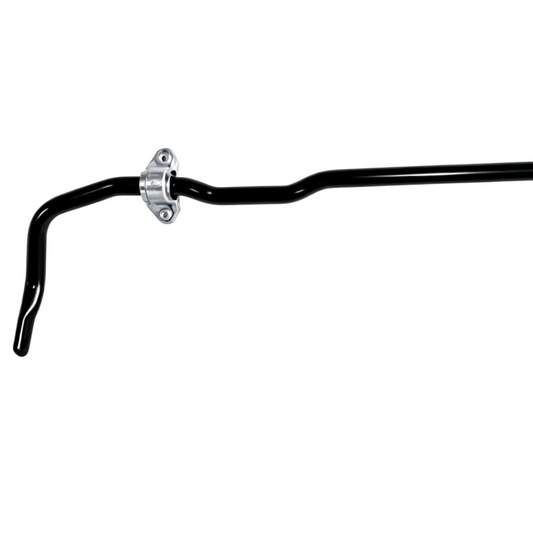 Front stabilizer bar with black steel tube and silver mounting bracket, left end