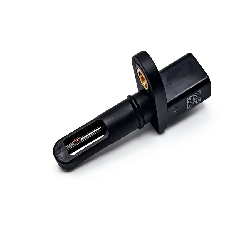 Automotive temperature sensor with black housing and spade-style electrical terminals
