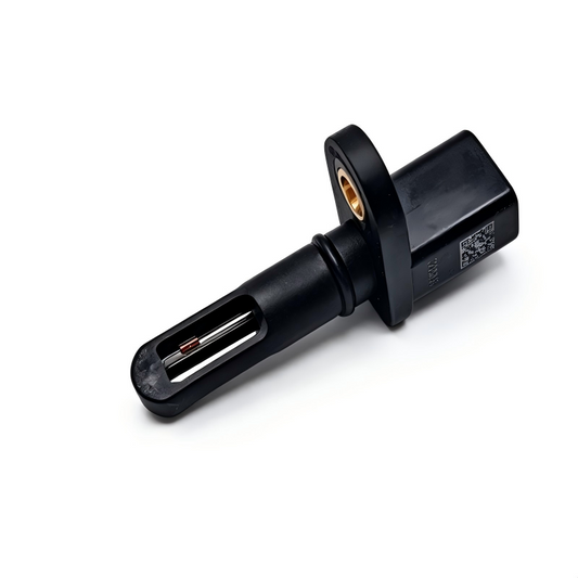 Automotive temperature sensor with black housing and spade-style electrical terminals