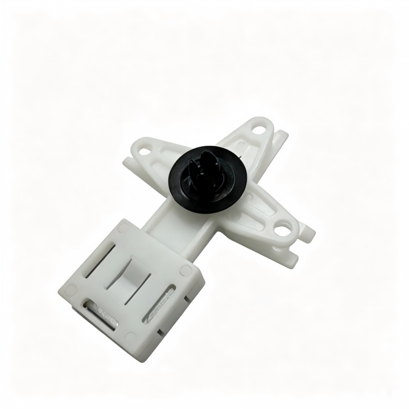 White rear door lock relay lever actuator with black circular knob and plastic housing