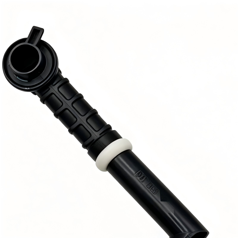 Black coolant hose section with molded ridges and white connector ring