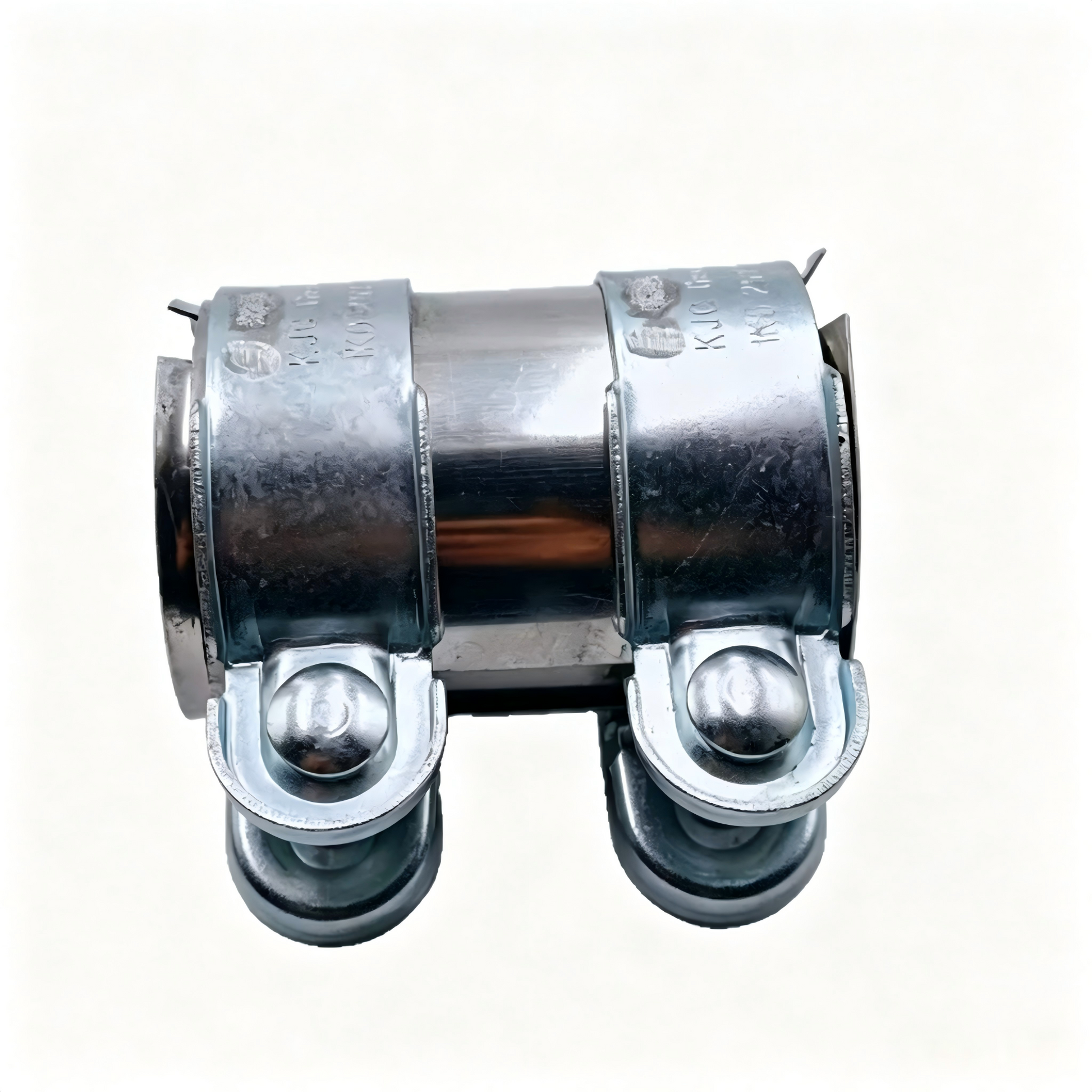 Exhaust pipe connector clamp, silver metal band with two bolt straps and seals