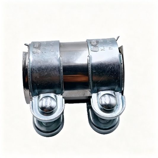 Exhaust pipe connector clamp, silver metal band with two bolt straps and seals
