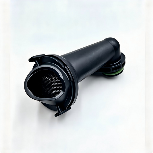 Oil pump pickup screen with black mesh strainer and inlet opening, end view
