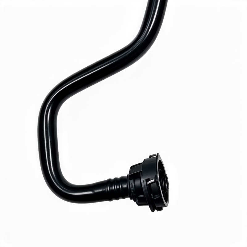 Black coolant pipe with side-mounted flange fitting, curved loop