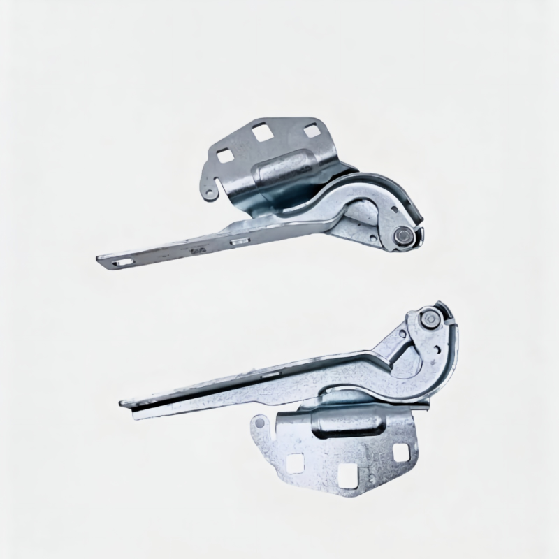 Pair of metal hood hinge brackets with pivot joint and mounting plate