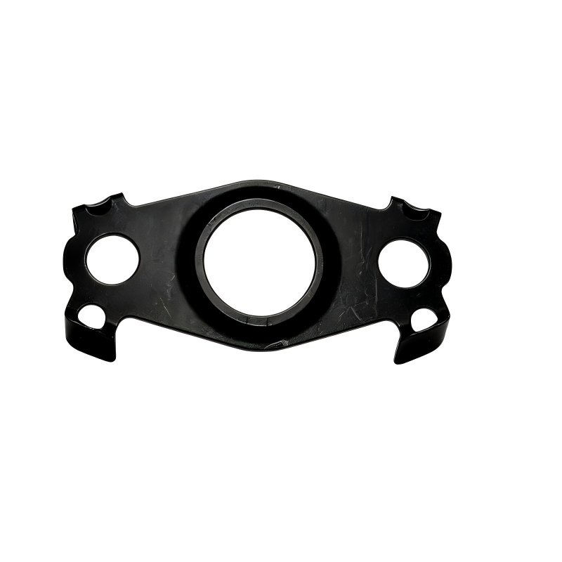 Oil line seal gasket, black metal plate with center ring and three bolt holes
