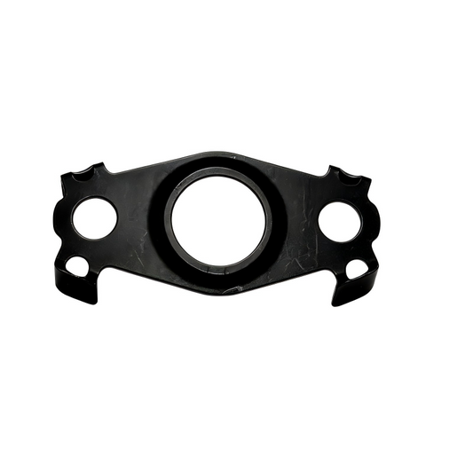 Oil line seal gasket, black metal plate with center ring and three bolt holes