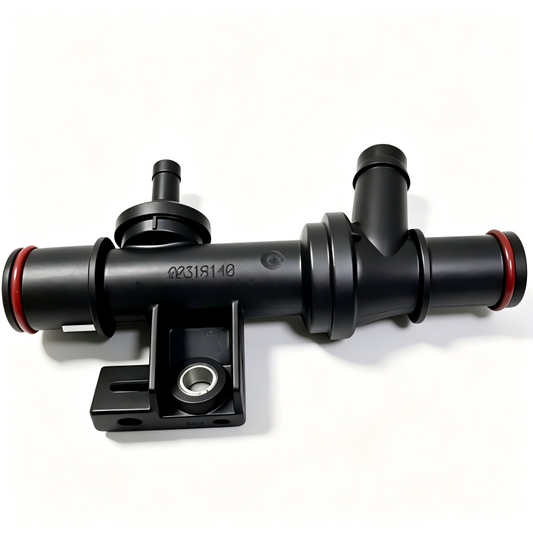 Vacuum check valve with two vacuum hoses, black body and red O-ring end caps