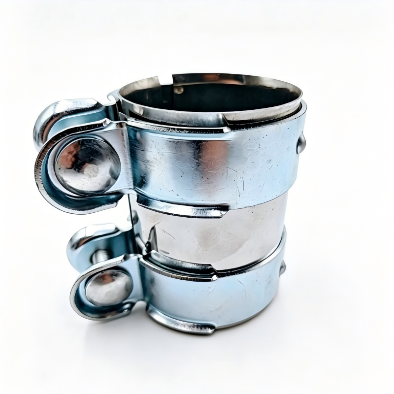Exhaust pipe clamp band with bolt hardware and circular securing straps